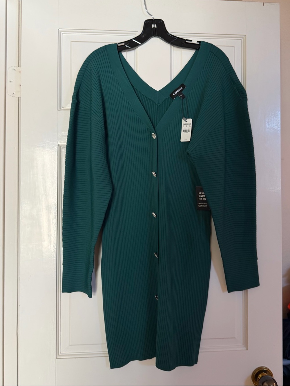Express Teal Ribbed V-Neck Button-Front Cardigan Dress